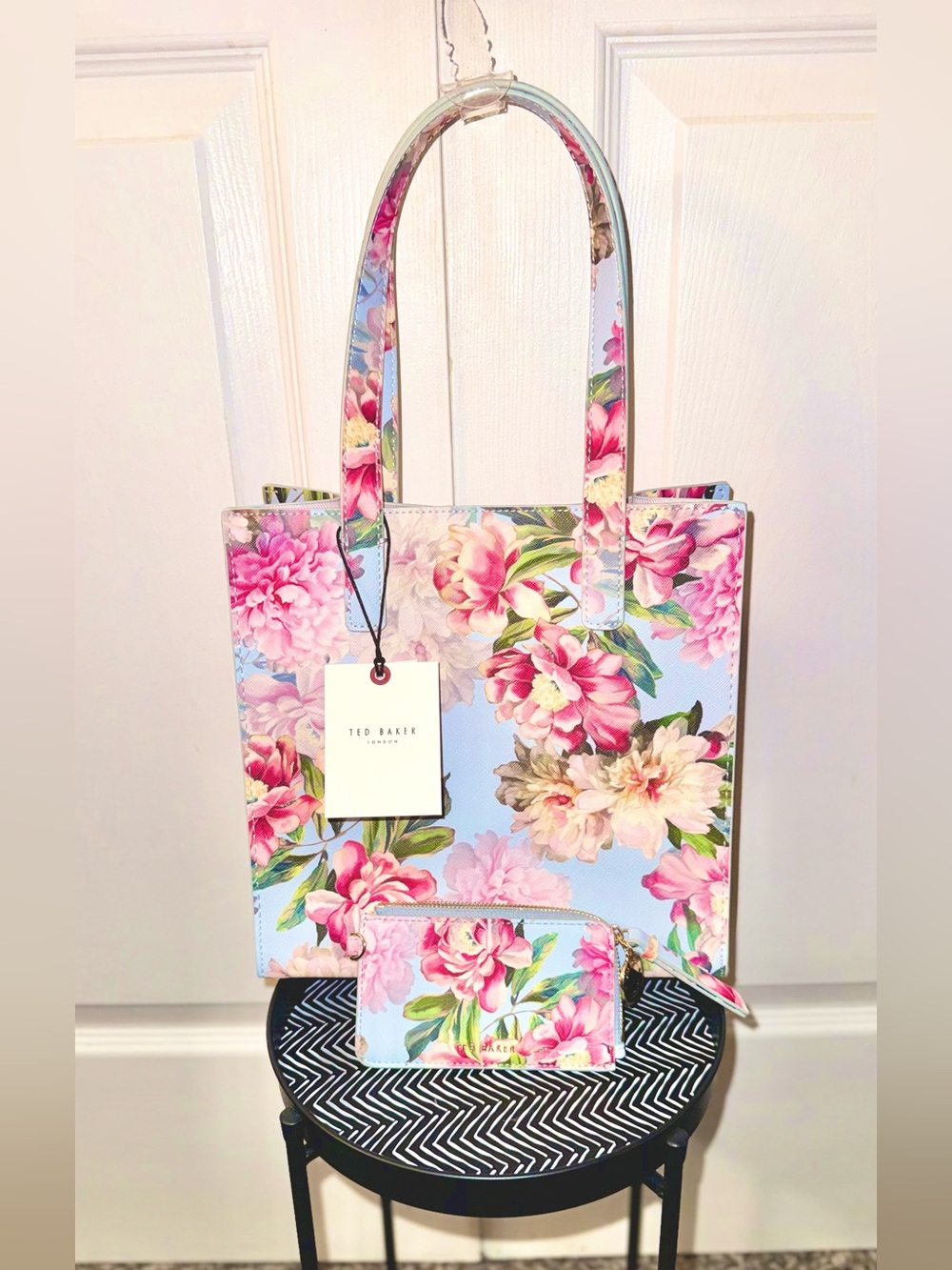 Ted Baker Blue Floral Tote and card case pouch Pink Bloom Accents set bundle